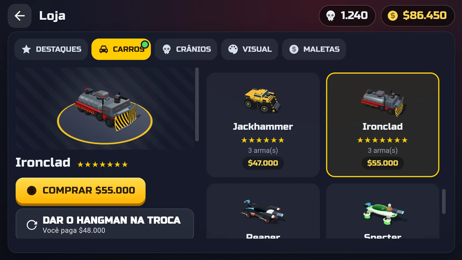 Death Laps: a concessionária, com os carros, as estrelas e o preço de cada um