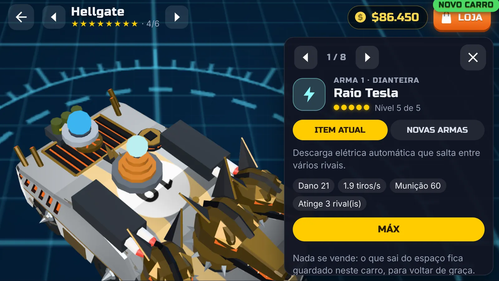 Death Laps: os equipamentos de um carro, com o raio Tesla no nível máximo