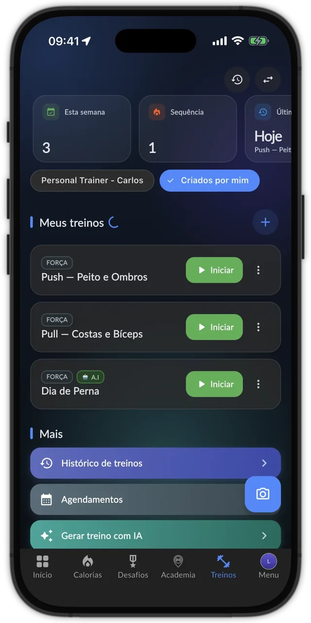 AppMaromba: a lista de treinos, com o do personal trainer
